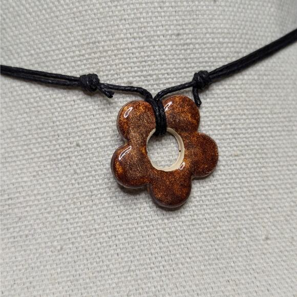 Rusty Red Ceramic Flower Pendant Necklace Handmade Hippie Whimsical Y2K Style - Picture 2 of 6